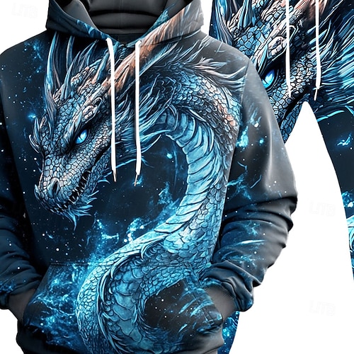  Homens Animal Dragão 2pcs Conjuntos de moletom 3D Moletom Moletom com capuz Manga Longa Calças compridas Com Capuz Casual Diário Roupa Esportiva Traje de festival Impressão 3D Primavera Outono Inverno
