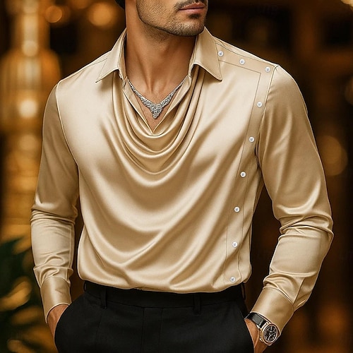  Pánské Košile Hedvábí jako Saténová košile Košile pro volný čas Bez vzoru Formální Svatební Černá Fialová Námořnická modř Zlatá Dlouhý rukáv Nabíraný krk Jaro & podzim Celý rok Oblečení Nabírané šaty