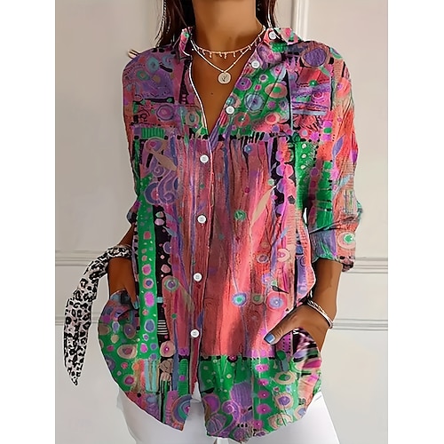  Damen Hemd Grafik Geometrisch Vintage Täglich Lässig Langarm Hemdkragen Normale Oberteile Täglich Ferien Druck Gelb Rote Blau Purpur Grün Sommer Frühling
