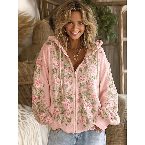  Per donna Felpe con cappuccio Floreale Punk Attivo Vintage Manica Lunga Con Cappuccio Top Regolari Casa Abbigliamento Quotidiano Casuale Rosa Rosso Beige Autunno Inverno