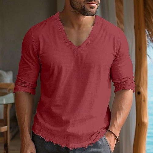  Homme T-shirt en lin manche longue Col en V Été Printemps Couleur Unie Uni ancien Basique Bohème Bord écru Vacances Rue Occasionnel Blanche Rose Claire Rouge Bordeaux T-shirt haut de gamme pour homme