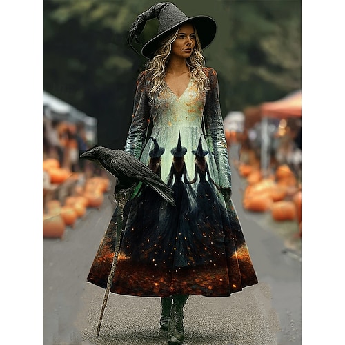  Halloween dámské maxi šaty s potiskem čarodějnice A-line šaty dovolená ležérní boho plážové pravidelné střih květinová grafika Hocus Pocus dlouhý rukáv výstřih do V žlutá tmavě zelená fialová
