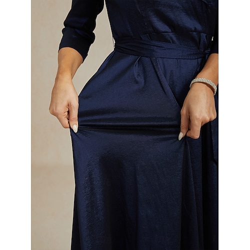 Femmes Robe Maxi Robe de Soirée Élégant ancien Coupe régulière Couleur Unie Manche 3/4 Col en V bleu marine Automne Hiver
