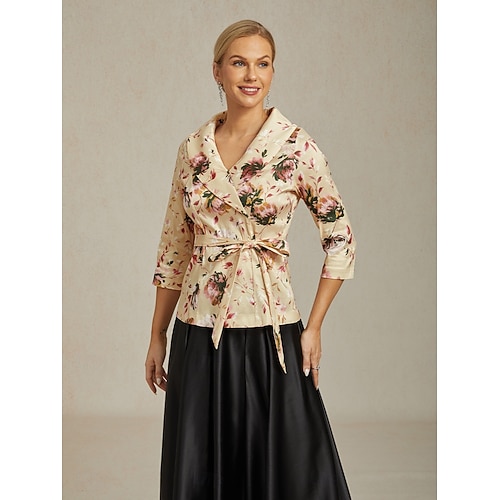  Femmes Hauts Élégants Fleuri Élégant ancien Romantique Manche 3/4 Col en V Hauts Réguliers robe demoiselle d honneur Tenue de soirée Semi-Formel Kaki Printemps, Automne, Hiver, Été