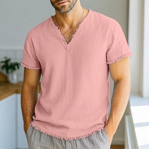  Homme T-shirt T-shirt en lin Manches courtes Col en V Été Printemps Couleur Unie Uni Mode Designer Basique Flexible Vacances Occasionnel Décontracté Quotidien Blanche Rose Claire Rouge Bordeaux