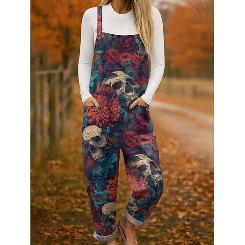 Macacão feminino 100% algodão, leve, floral, sem mangas, perna larga, gola redonda, bolso, férias, diário, solto, preto, branco, vermelho, outono