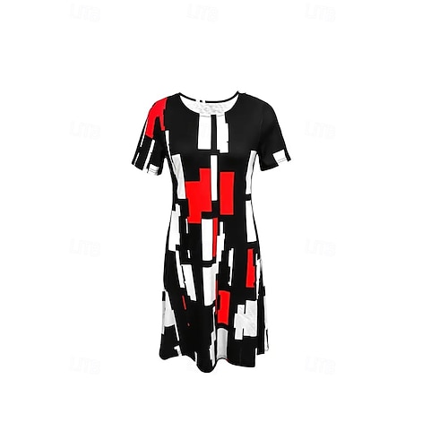  Elegantní dámské večerní midi šaty s krátkým rukávem a výstřihem do krku A-line šaty ležérní boho každodenní regular fit grafika geometrická károvaná černá léto jaro podzim