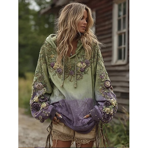  Felpa con cappuccio da donna in 3D stampato oversize maniche lunghe casual grafica floreale calda attiva top regolari street abbigliamento quotidiano patchwork viola primavera autunno inverno