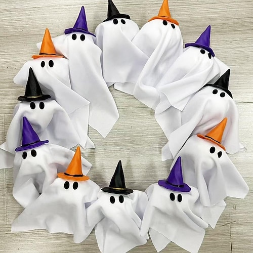  halloween szellemkoszorú fényekkel 16 hüvelykes 12 led-es kis világító fehér szellemgirland kísérteties szellemek halloween koszorúk bejárati ajtóra lógó boszorkánysapka szellem otthoni partiajtó
