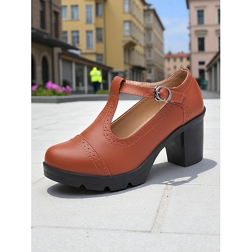  Sapatos Mary Jane femininos de salto grosso e tira em T azul claro – scarpins plataforma de couro sintético, bico redondo e tira com fivela para uso casual, trajes de escritório e eventos de primavera-verão