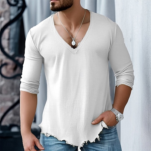  Herren Baumwoll-Leinen-Hemd T-Shirt Langarmshirt Langarm V Ausschnitt Sommer Frühling Einfarbig Täglich Lässig Trendy V-Ausschnitt Outdoor Straße Lässig Weiß Rosa Burgunderrot Top T-Shirt für Herren