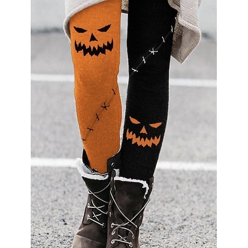  Dam Byxor Damasker Mysiga leggings Streetwear Ledigt Fullängd Hög midjaPantsHalloween Pumpa Elastisk midja Mönster Mateial som andas Bekväm Elastisk Semester Gata Dagliga kläder Vit Purpur Orange