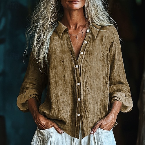  Pentru femei Cămașă Bluză texturată Cămăși inspirate din in Bluză Simplu Modern Casual Manșon Lung Guler Cămașă Topuri obișnuite Zilnic Concediu Ieșire Nasturi Negru Alb Galben Roz Îmbujorat Roșu Vin