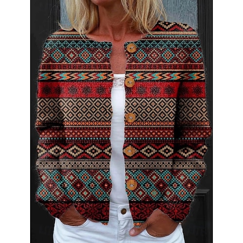  Dam cardigantröja stickad ribbad knapp front rund hals lång ärm lättviktig vardag geometrisk paisley rundhalsad knappar tryck vanliga toppar stickad utomhus helg svart gul vår höst