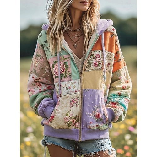  Dámská 3D tisková mikina s kapucí lehká dlouhý rukáv zipová mikina s kapsou mikro-elastická casual květinový grafický design street každodenní nošení patchwork kapsa žlutá růžová podzim