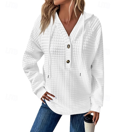  Dame Teksturert genser Pullover hettegenser-genser عادي Gatemote Fritid Langermet Med hette Vanlige topper Gate Ferie Ut på byen Knapper Svart Hvit Rosa Vin Høst Vinter
