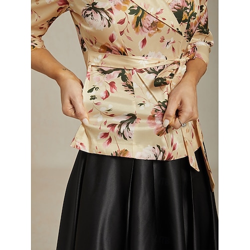  Femmes Hauts Élégants Fleuri Élégant ancien Romantique Manche 3/4 Col en V Hauts Réguliers robe demoiselle d honneur Tenue de soirée Semi-Formel Kaki Printemps, Automne, Hiver, Été