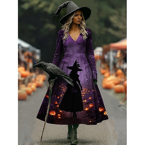  Halloween dámské maxi šaty s potiskem čarodějnice A-line šaty dovolená ležérní boho plážové pravidelné střih květinová grafika Hocus Pocus dlouhý rukáv výstřih do V žlutá tmavě zelená fialová