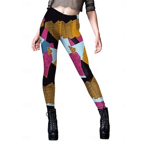  Leggings da donna per Halloween, pantaloncini anti-sfregamento, punk, casual, lunghi, a vita alta, stampa grafica, taglio alto, comodi, traspiranti, alta elasticità, per tutti i giorni, per le vacanze, festival, nero, blu reale, blu