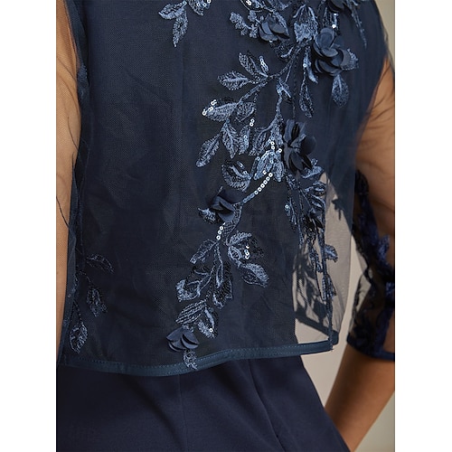  damkavaj kavaj spets broderad paljett illusionsspets elegant blommig formell jubileumsfest bröllopsgäst öppen framsida kort rund hals normal passform 3/4-ärm ytterkläder marinblå