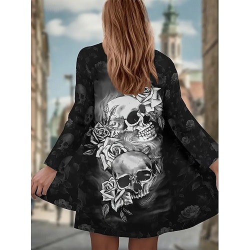  Damen Mantel Leicht Bequem Druck Vintage Künstlerisch Lässig Halloween Schädel Lässig Lang Kragenlos Normale Passform Langarm Oberbekleidung Schwarz Weiß Rote Frühling Herbst