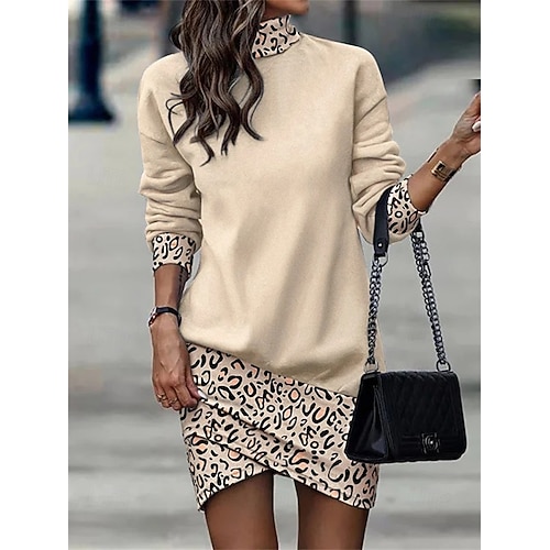 Dame Sweatshirt Kjole Mini Kjole Innpakningskjole Fest Casual Boho Formell Utendørs Hjem Regular Fit Ensfarget Geometrisk Rutete Langermet Høyhals svart hvit Aprikos Vår Høst Vinter
