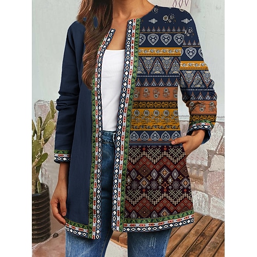  Pentru femei Sacou Rezistent la Vânt Cald Buzunar Bloc de Culoare Deschis frontal Cu buzunare Epocă Modern Casual Floral Casual Zilnic Casul / Zilnic Scurt Crewneck Fit regulat Manșon Lung