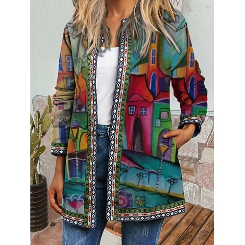  Dame Uformell jakke Vindtett Hold Varm Lomme Fargeblokk Åpen Forside Med lommer Elegant Årgang Moderne Geometrisk Avslappet Daglig Fritid / hverdag Kort Crewneck Normal Langermet Yttertøy Rosa Lilla