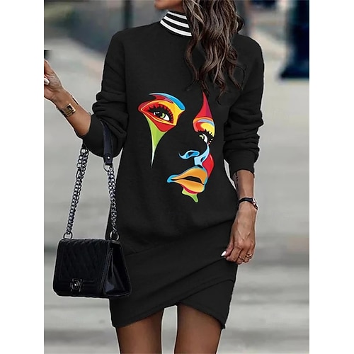  Damen Sweatshirtkleid Mini Kleid Wickelkleid Party Lässig Halbformal Formal Outdoor Zuhause Reguläre Passform Grafik Geometrisch Langarm Rollkragen Schwarz Khaki Aprikose Frühling Herbst Winter