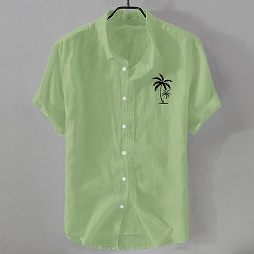  Men's Linen Shirt Minimalist Aloha Shirt Casual Shirt Cotton Linen Shirt Button Up Shirt Coconut Tree Vacation Street Black White Pink Dark Navy Short Sleeve Lapel Summer Clothing Apparel Button-Down