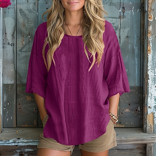  Pentru femei Bluză texturată Bluză Simplu Modern Casual Lungime Manșon 3/4 Stil Nautic Topuri obișnuite Zilnic Ieșire Galben Roz Îmbujorat Albastru piscină Fucsia Gri Toamnă