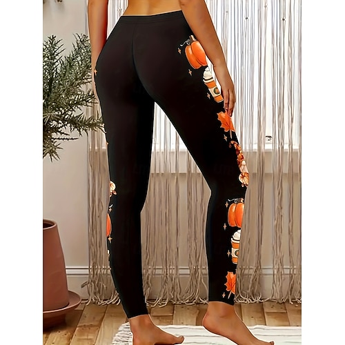  Femmes Leggings Vacances ancien Mode Longueur complète Taille hautePantsHalloween Graphique Potiron Impression Doux Respirant Haute Élasticité Extérieur Vacances Rue Orange Printemps Automne Hiver