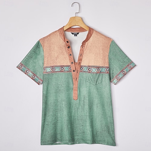  Men's Tribal Ethnic T Shirt Henley Shirt Tee Short Sleeve Designer Basic Ethnic Outdoor Casual Daily Summer Lake blue Black Light Green Dark Blue Light Blue Henley Henley T-Shirt