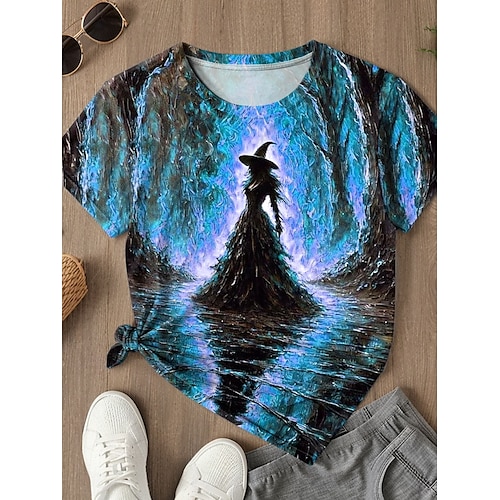  Halloween Dámské Tričko Grafika Čarodějnice Vinobraní stylové Klasické Krátký rukáv Kulatý Běžné topy Denní Tisk Vodní modrá Fialová Oranžová Trávová zelená Léto Jaro Podzim