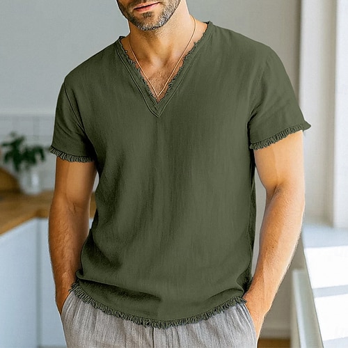  Homme T-shirt T-shirt en lin Manches courtes Col en V Été Printemps Couleur Unie Uni Mode Designer Basique Flexible Vacances Occasionnel Décontracté Quotidien Blanche Rose Claire Rouge Bordeaux