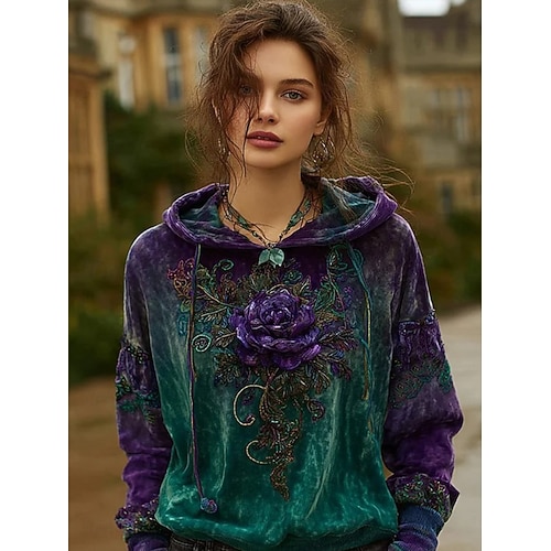  Felpa con cappuccio da donna in 3D stampato oversize maniche lunghe casual grafica floreale calda attiva top regolari street abbigliamento quotidiano patchwork viola primavera autunno inverno