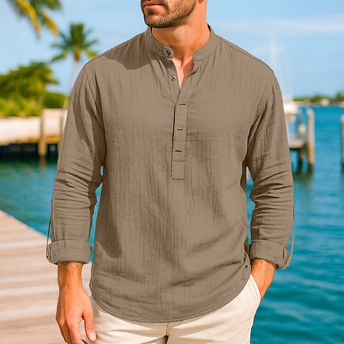  Herre Skjorte Linskjorte Popover skjorte Sommerskjorte Strandskjorte Helfarge Feriereise Avslappet Hvit Navyblå Brun Lyseblå Langermet Henley Sommer Vår Klær