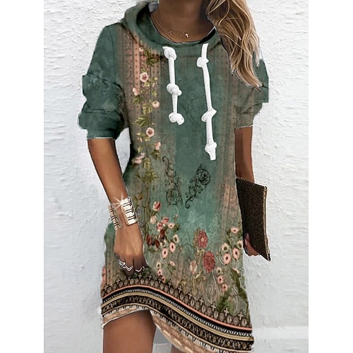  Damen Hoodie Kleid Mini Kleid Schichtkleid Shift Kleid Party Lässig Boho Outdoor Zuhause Sport Reguläre Passform Floral Grafik Langarm Kapuze Blau Grün Frühling Herbst Winter