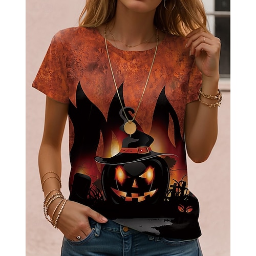  Halloween Dame T skjorte Grafisk Hodeskaller Halloween Årgang Stilfull Klassisk Kortermet Crew-hals Vanlige topper Daglig Helg Trykt mønster Svart Rød Lysebrun Blå Oransje Høst Vinter