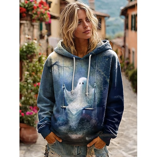  Halloween Damen Hoodie Pullover Sweatshirt Oversized Lange Ärmel Lässig Grafik Abstrakt Mode Druck Kapuze Reguläre Tops Straße Alltag Kordelzug Druck Weiß Herbst Winter