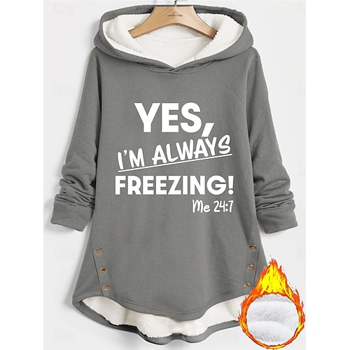  Mulheres Pulôver Moletom Com Capuz Gráfico Letra Quente Casual Manga Longa Com Capuz Tops longos Rua Dia a Dia Botões Imprimir Preto Rosa Escuro Azul Cinzento Outono Inverno