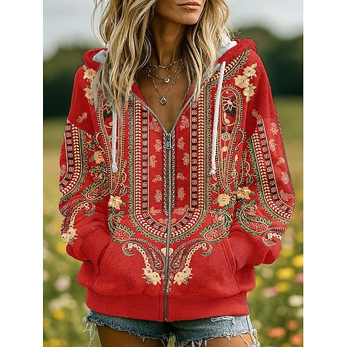  Felpe con Cappuccio 3D Donna Stampate con Grafica Floreale Moda Casual Boho Maniche Lunghe Cappuccio Top Regolari Abbigliamento Stradale Quotidiano Patchwork Tasca con Cerniera Rosa Rosso Blu