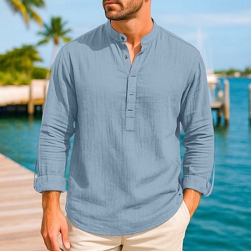  Herre Skjorte Linskjorte Popover skjorte Sommerskjorte Strandskjorte Helfarge Feriereise Avslappet Hvit Navyblå Brun Lyseblå Langermet Henley Sommer Vår Klær