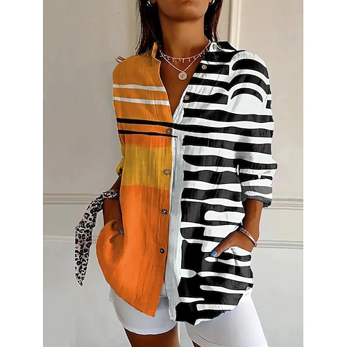  Damen Hemd Grafik Geometrisch Vintage Täglich Lässig Langarm Bischofsärmel Hemdkragen Normale Oberteile Täglich Ferien Druck Salbeigrün Orange Grün Khaki Sommer Frühling