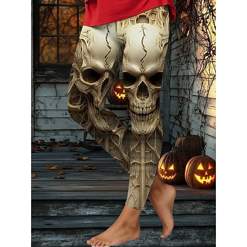  Mulheres Leggings Férias Vintage Moda Mimolet Cintura AltaPantsHalloween Gráfico Caveiras dia das Bruxas Estampado Macio Respirável Com Stretch Férias Rua Casual Branco Azul Verde cáqui Primavera