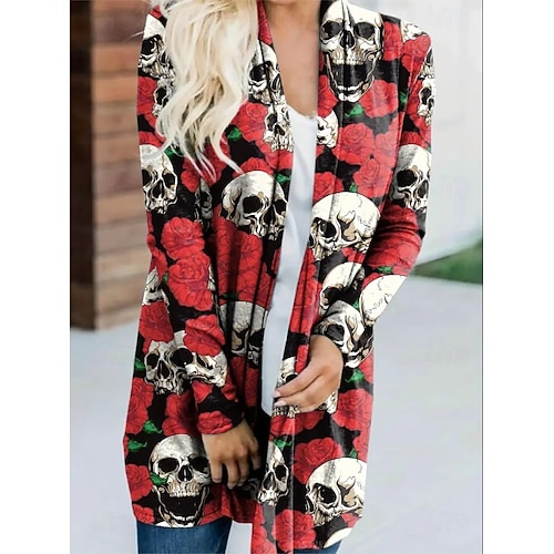  Damen Mantel Leicht Bequem Druck Vintage Künstlerisch Lässig Halloween Schädel Lässig Lang Kragenlos Normale Passform Langarm Oberbekleidung Schwarz Weiß Rote Frühling Herbst