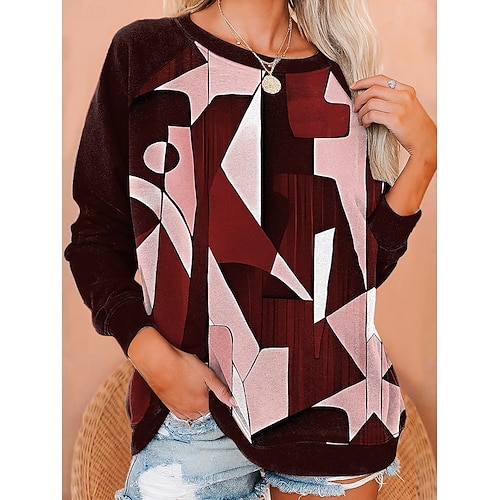  Damen Sweatshirts Grafik Geometrisch Mode Lässig Langarm Rundhalsausschnitt Normale Oberteile Lässig Druck Weiß Rote Blau Purpur Grün Sommer Frühling Herbst