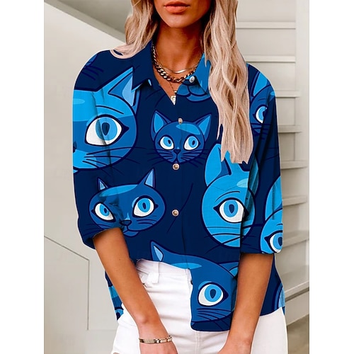  Women's Shirt Cat Active Daily Stylish Long Sleeve Shirt Collar Regular Tops Daily Holiday Buttons Print Blue Summer Spring Fall