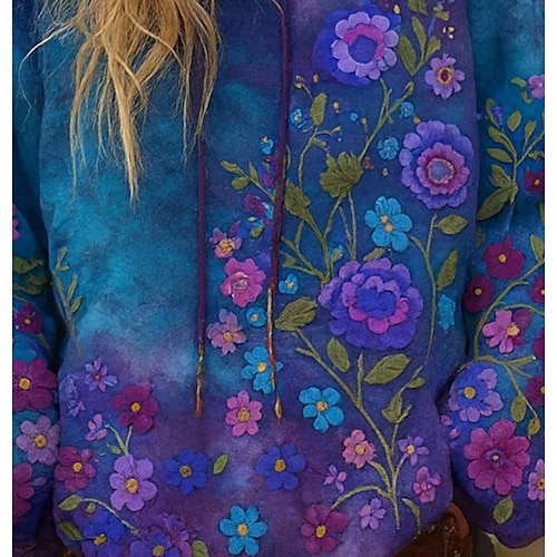  Felpa con cappuccio da donna in 3D stampato oversize maniche lunghe casual grafica floreale calda attiva top regolari street abbigliamento quotidiano patchwork viola primavera autunno inverno