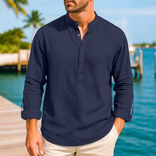  Herre Skjorte Linskjorte Popover skjorte Sommerskjorte Strandskjorte Helfarge Feriereise Avslappet Hvit Navyblå Brun Lyseblå Langermet Henley Sommer Vår Klær